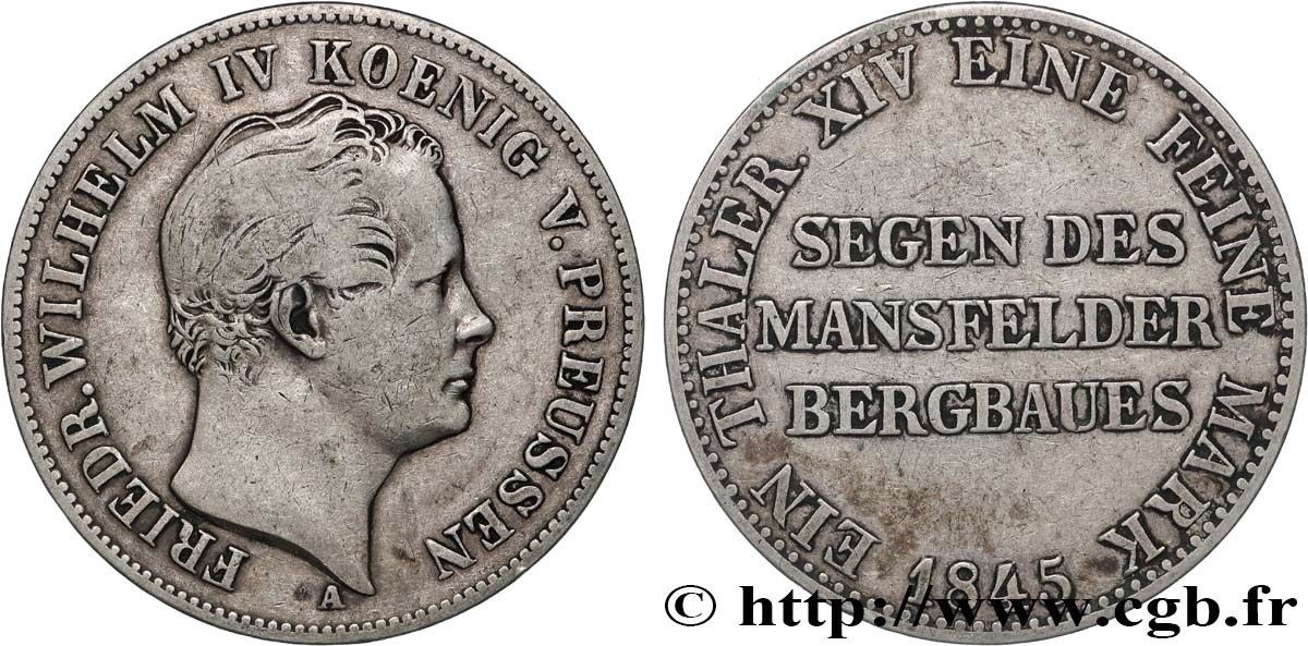 GERMANY - KINGDOM OF PRUSSIA - FREDERICK-WILLIAM IV Thaler des Mines  1845 Berlin VF 