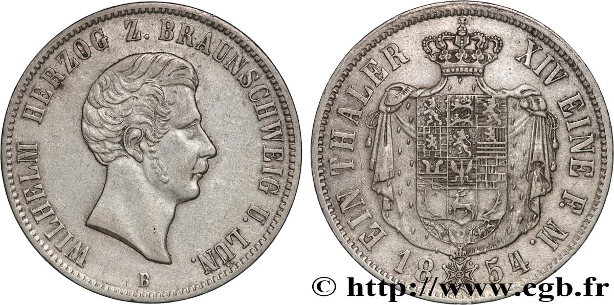 GERMANY - DUCHY OF BRUNSWICK AND LUNENBURG - WILLIAM Thaler 1854  XF 