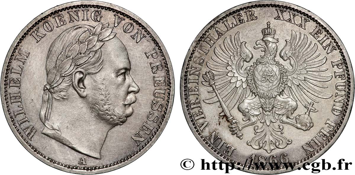 GERMANIA - PRUSSIA 1 Thaler Guillaume Ier tête laurée 1866 Berlin q.SPL 