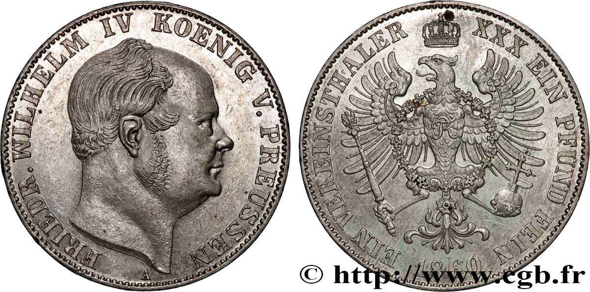 GERMANY - KINGDOM OF PRUSSIA - FREDERICK-WILLIAM IV Thaler 1860 Berlin AU 