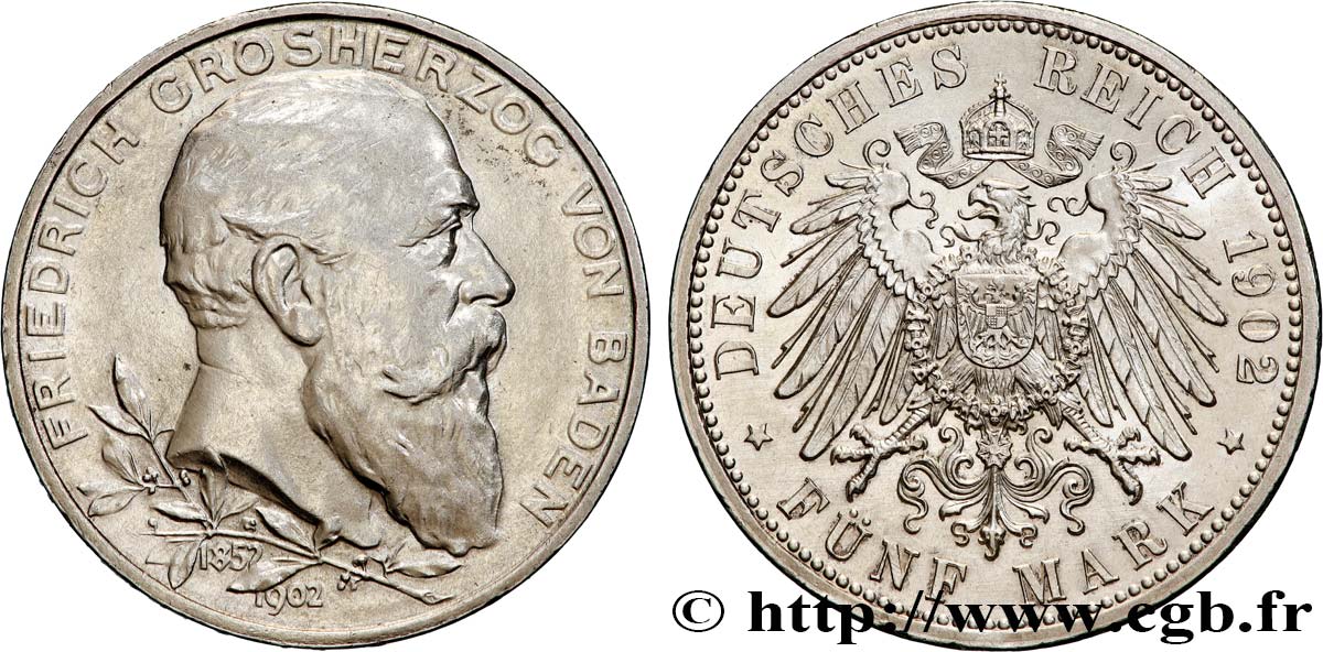 ALLEMAGNE - BADE 5 Mark Frédéric 50e anniversaire 1902 Karlsruhe - G TTB+ 