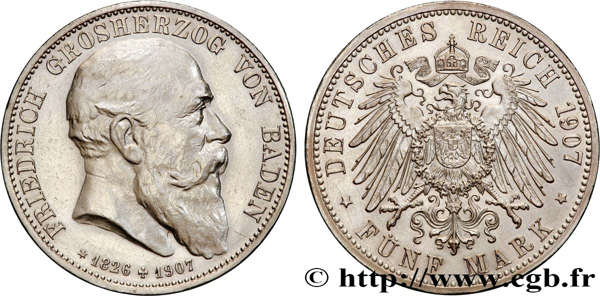 GERMANY - GRAND DUCHY OF BADEN - FREDERICK I 5 Mark  1907 Karlsruhe AU 