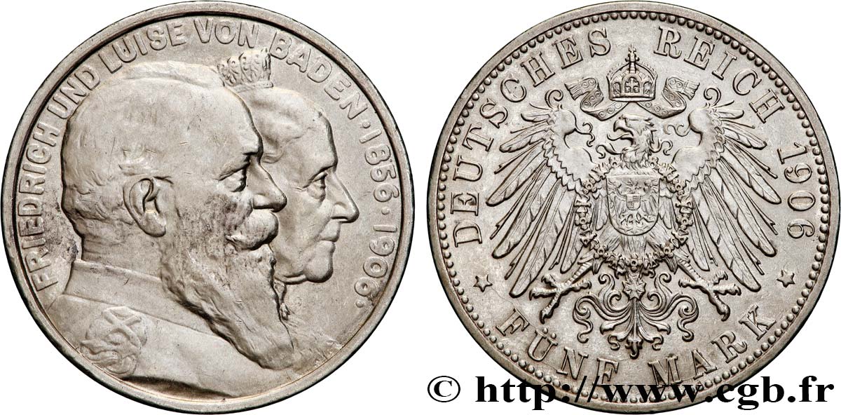 GERMANY - BADEN 5 Mark noces d’or de Frédéric et Louise / aigle 1906 Karlsruhe - G AU 