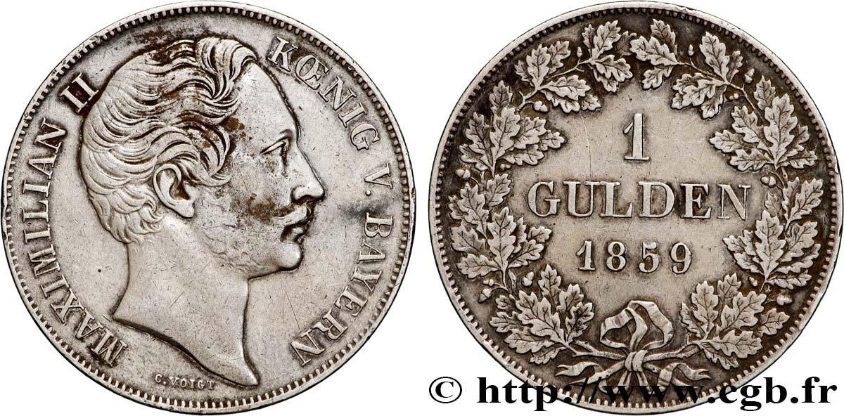 GERMANY - KINGDOM OF BAVARIA - MAXIMILIAN II JOSEPH 1 Gulden  1859  XF 