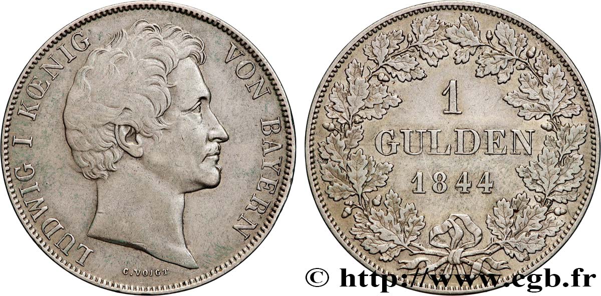 GERMANY - KINGDOM OF BAVARIA - LUDWIG I 1 Gulden 1844 Münich XF 
