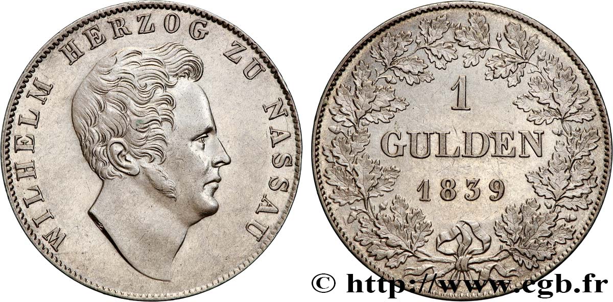 ALLEMAGNE - DUCHÉ DE NASSAU - GUILLAUME 1 Gulden  1839 Wiesbaden AU 