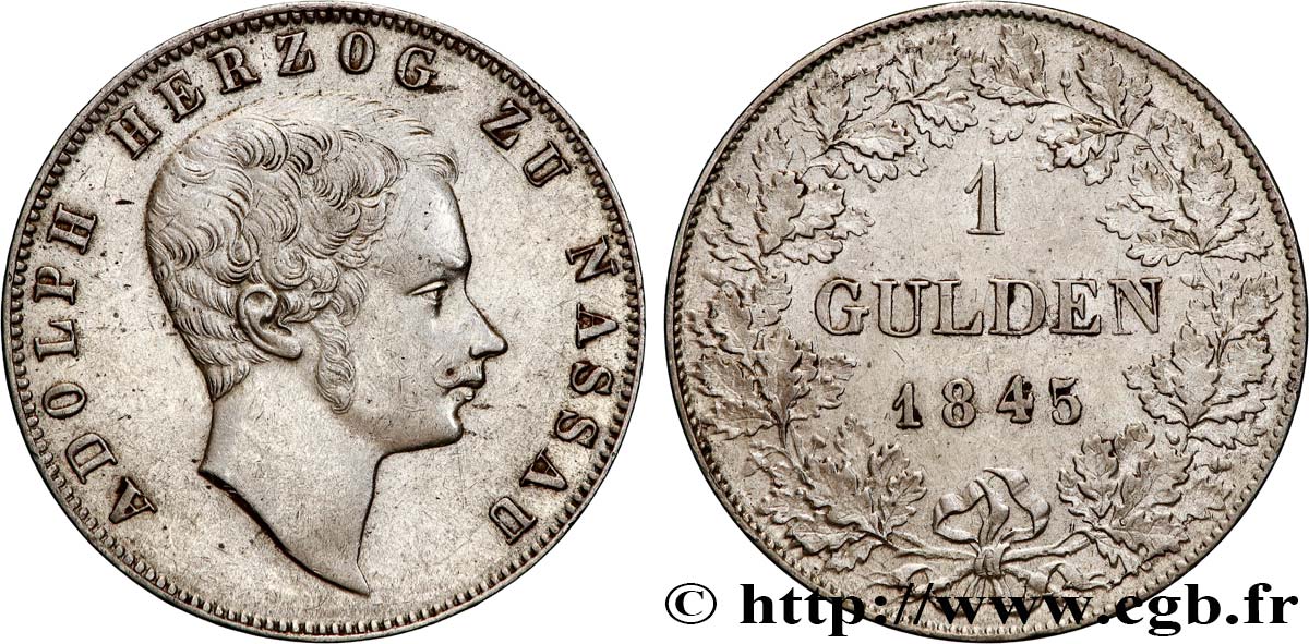 ALLEMAGNE - DUCHÉ DE NASSAU - ADOLPHE II 1 Gulden  1845  fVZ 