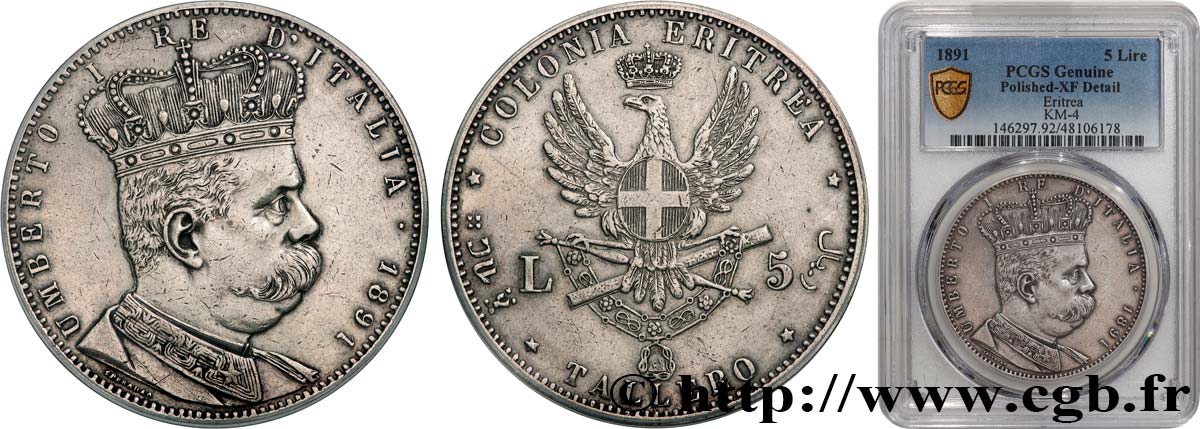 ERITREA - KINGDOM OF ITALY - UMBERTO I Tallero ou 5 Lire 1891 Rome XF PCGS