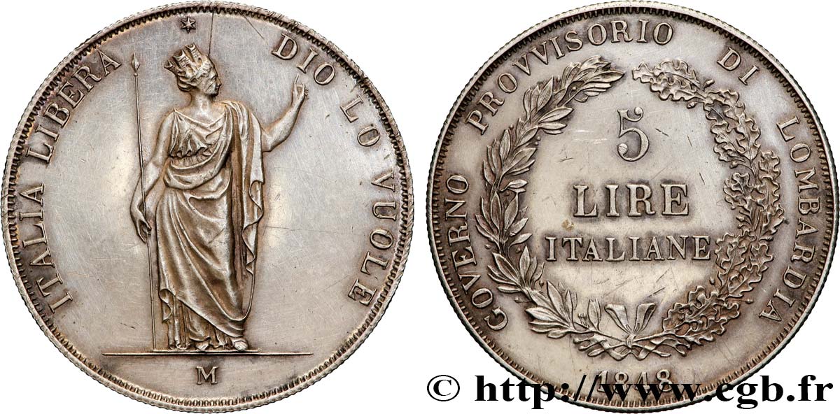 LOMBARDY - PROVISIONAL GOVERNMENT 5 Lire 1848 Milan AU 