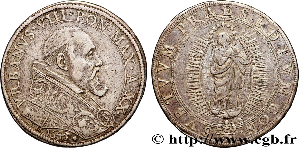 ITALY - PAPAL STATES - URBAN VIII (Maffeo Barberini) 1 Piastre An XX 1643 Rome XF 
