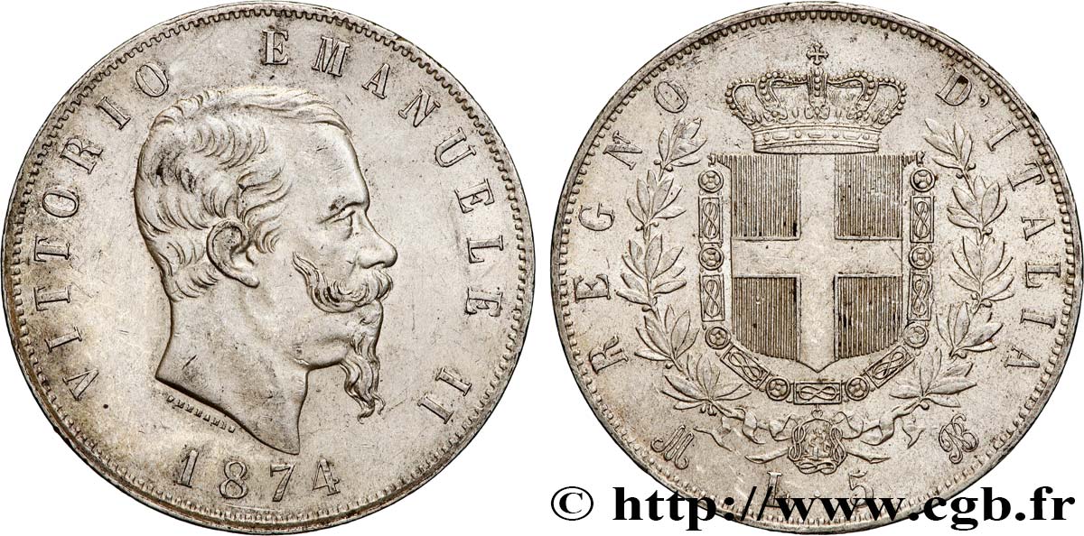 ITALIA - REINO DE ITALIA - VÍCTOR-MANUEL II 5 Lire 1874 Milan MBC+ 