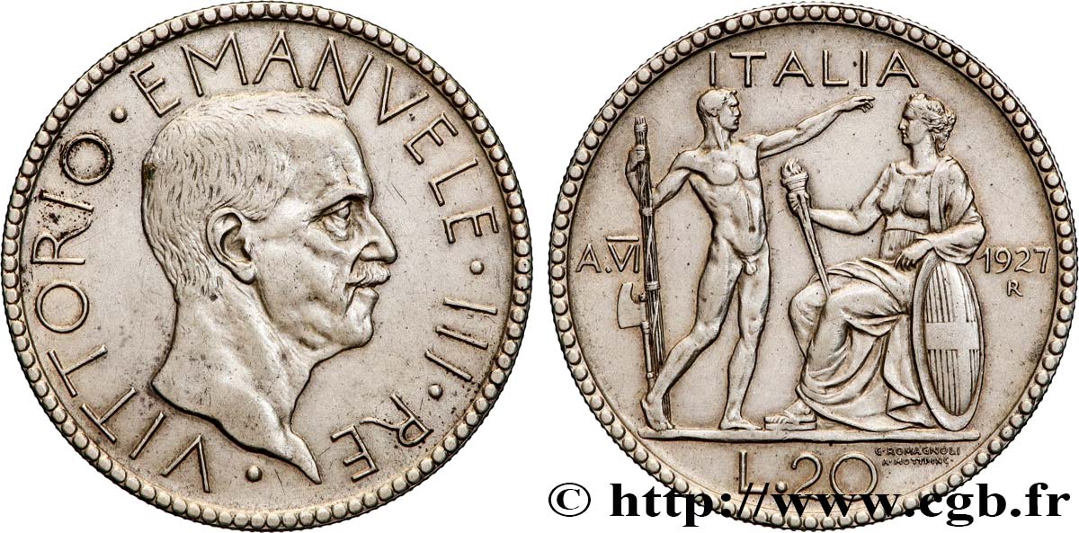 ITALY - KINGDOM OF ITALY - VICTOR-EMMANUEL III 20 Lire 1927 Rome  AU 