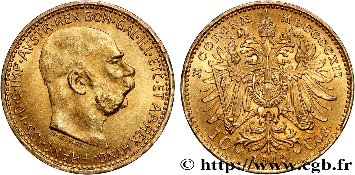 AUSTRIA 10 Corona or François Joseph Ier, 3e type 1912 Vienne EBC 