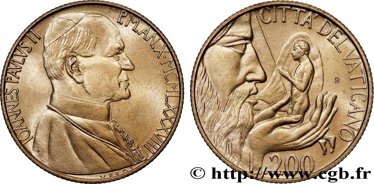 VATIKANSTAAT UND KIRCHENSTAAT 200 Lire Jean Paul II an X 1988 Rome fST 