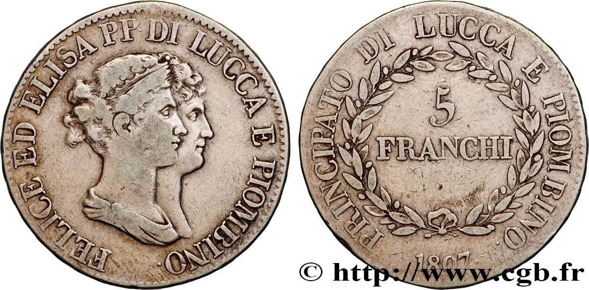 ITALIA - PRINCIPATO DI LUCCA E PIOMBINO - FELICE BACCIOCHI E ELISA BONAPARTE 5 Franchi 1807 Florence q.BB 