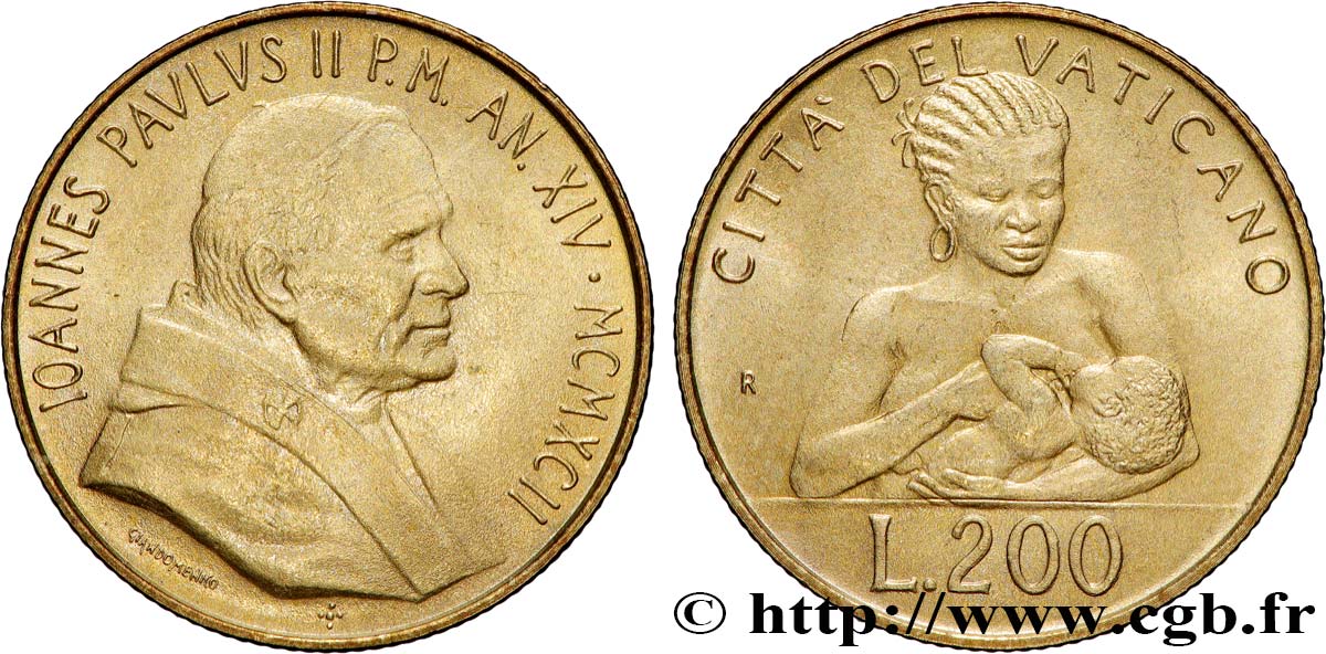 VATICANO E STATO PONTIFICIO 200 Lire Jean Paul II an XIV 1992  SPL 