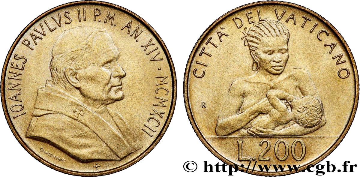 VATICAN ET ÉTATS PONTIFICAUX 200 Lire Jean Paul II an XIV 1992 Rome SUP 