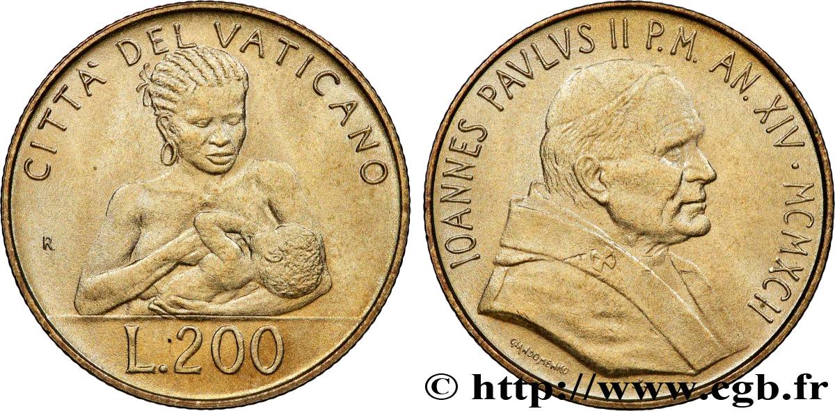 VATICAN ET ÉTATS PONTIFICAUX 200 Lire Jean Paul II an XIV 1992 Rome SUP 