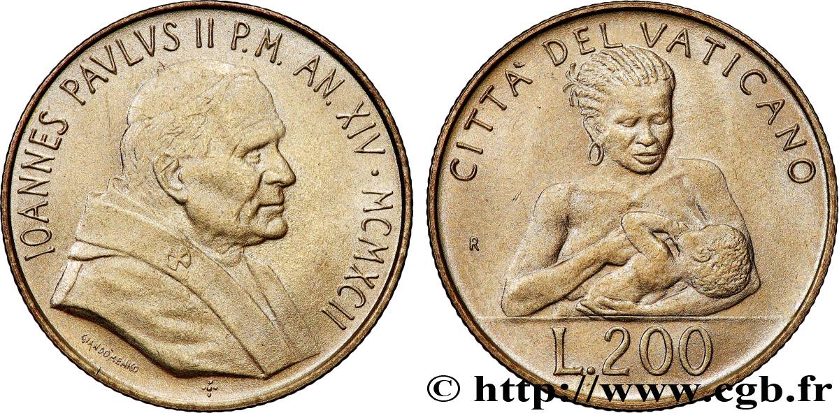 VATIKANSTAAT UND KIRCHENSTAAT 200 Lire Jean Paul II an XIV 1992 Rome VZ 