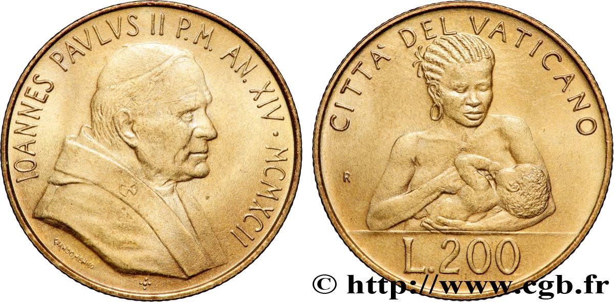 VATICAN ET ÉTATS PONTIFICAUX 200 Lire Jean Paul II an XIV 1992 Rome SUP 