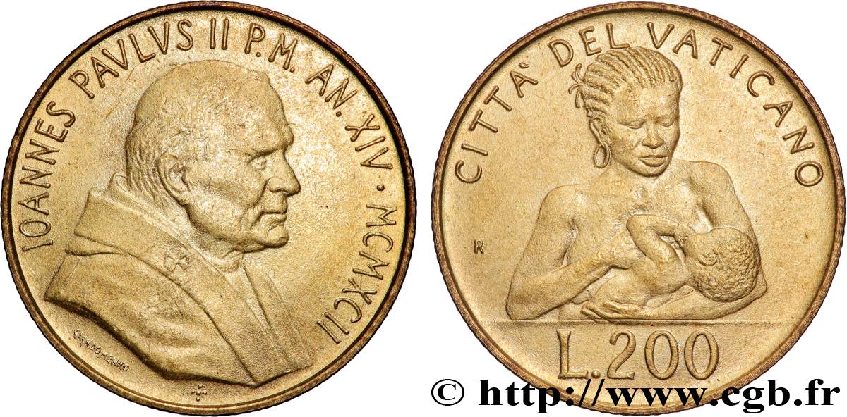 VATICAN ET ÉTATS PONTIFICAUX 200 Lire Jean Paul II an XIV 1992 Rome SUP 