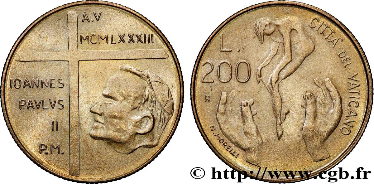 VATIKANSTAAT UND KIRCHENSTAAT 200 Lire Jean Paul II an V / la création de l’homme 1983  VZ 