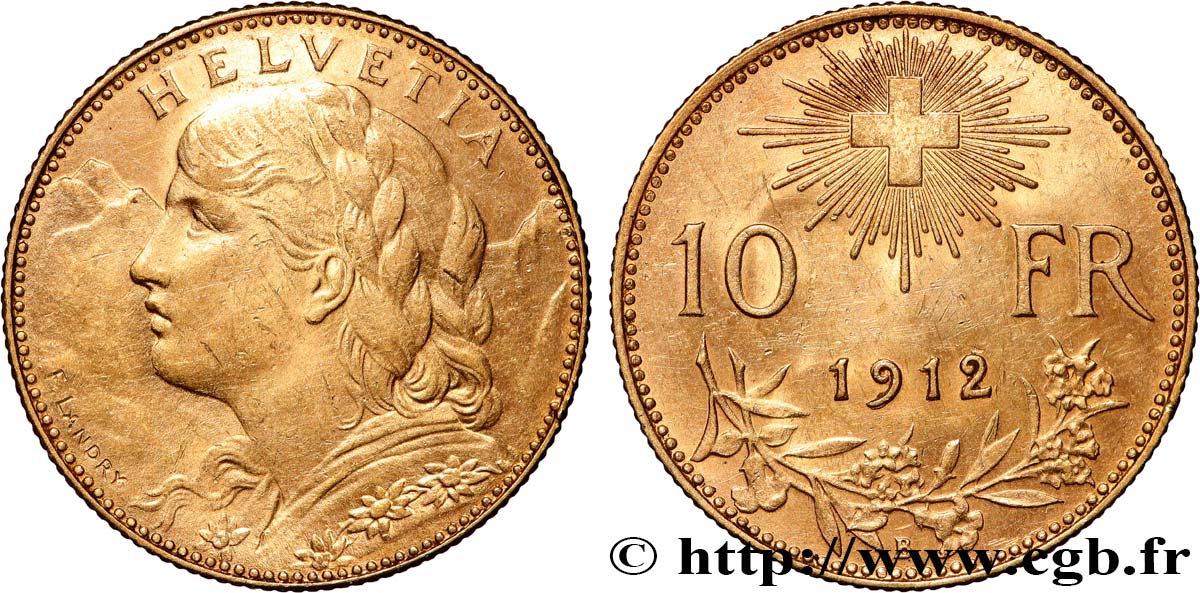 SWITZERLAND 10 Francs or  Vreneli  1912 Berne AU 