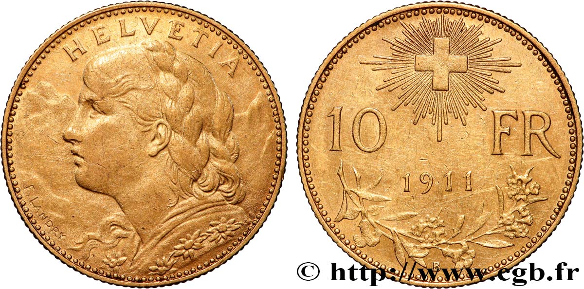 SWITZERLAND 10 Francs  Vreneli  1911 Berne AU 