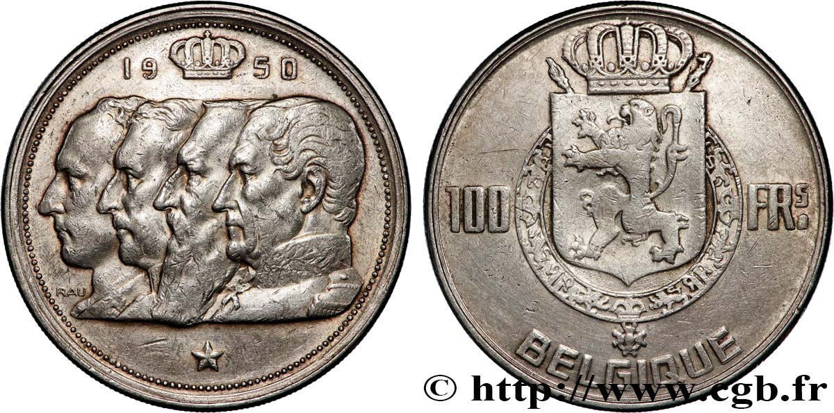 BELGIQUE 100 Francs portraits des quatre rois de Belgique, légende française 1950  TTB 