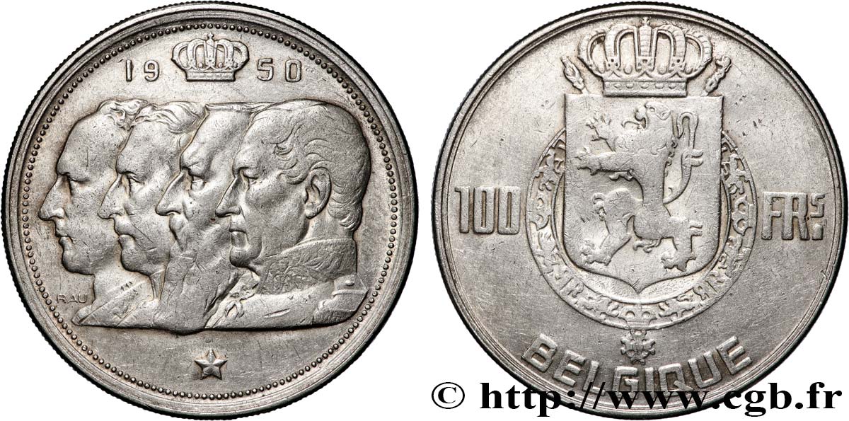 BELGIQUE 100 Francs portraits des quatre rois de Belgique, légende française 1950  TTB 