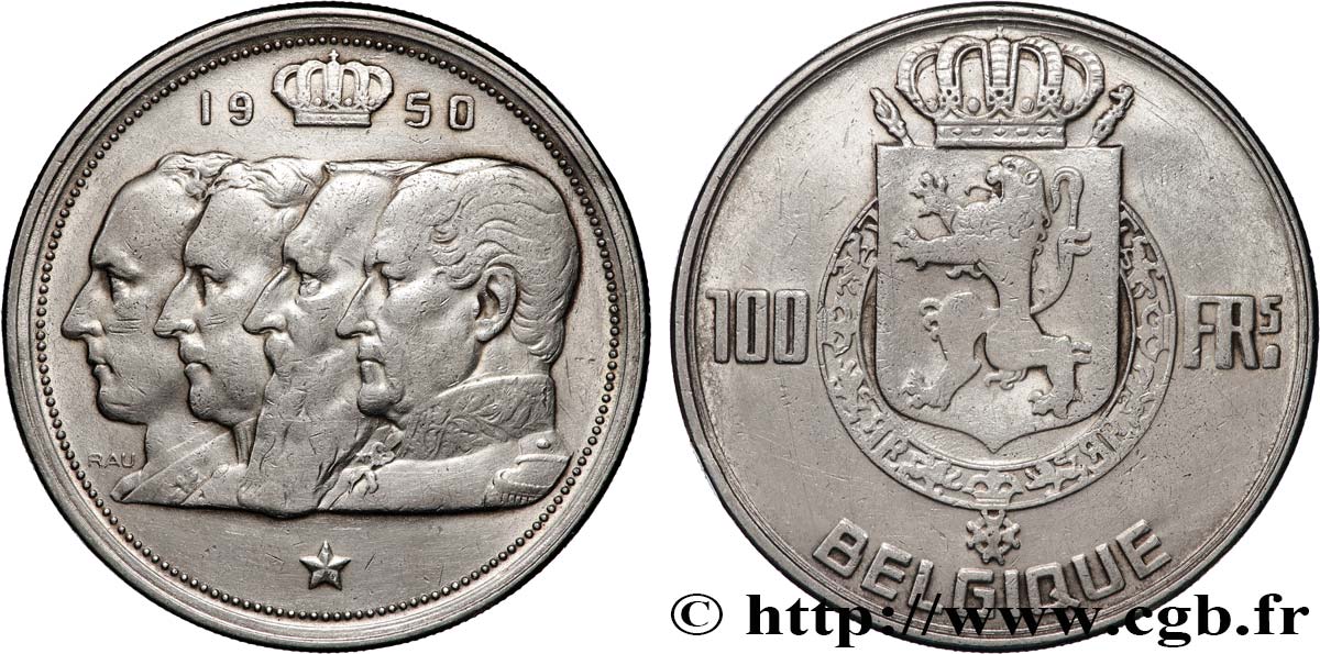 BELGIQUE 100 Francs portraits des quatre rois de Belgique, légende française 1950  TTB 