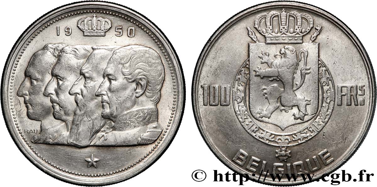 BELGIQUE 100 Francs portraits des quatre rois de Belgique, légende française 1950  TTB 