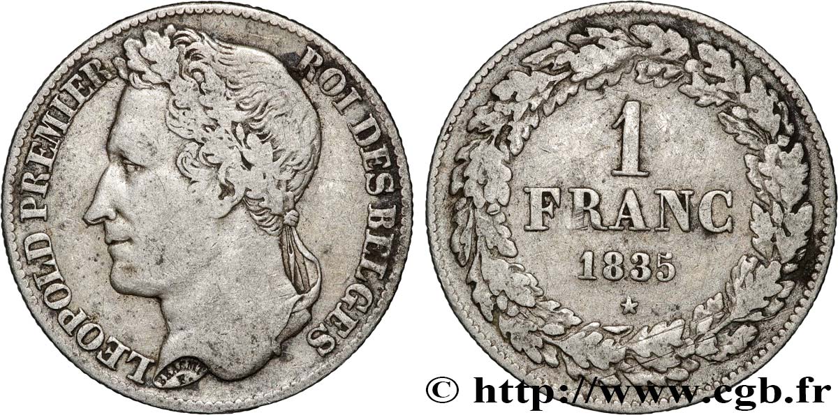 BELGIQUE 1 Franc Léopold Ier tête laurée 1835 Bruxelles TB+ 