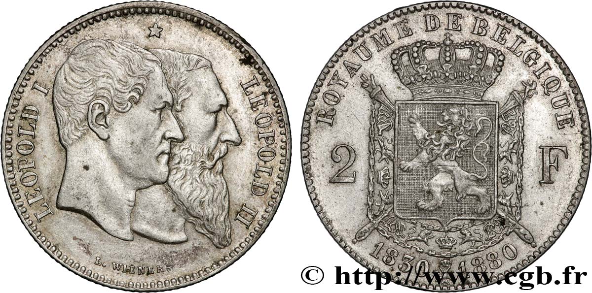 BELGIUM - KINGDOM OF BELGIUM - LEOPOLD II 2 Francs 50e anniversaire de l’indépendance 1880  AU 