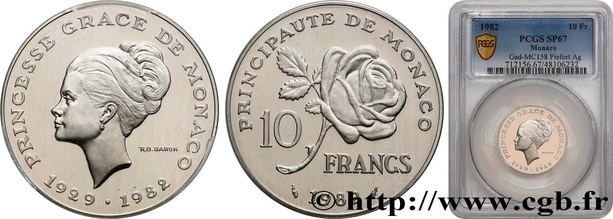 MONACO Piéfort en argent de 10 Francs princesse Grace de Monaco 1982 Paris ST67 PCGS