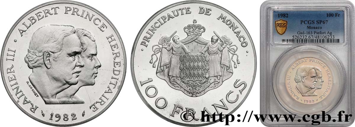 MONACO Piefort en argent 100 Francs Rainier III et Albert 1982 Paris MS67 PCGS