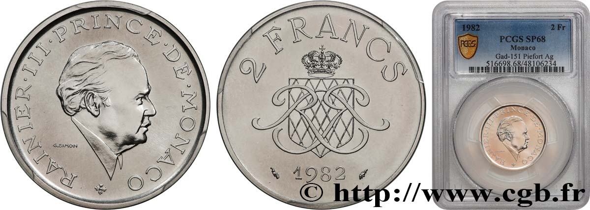 MONACO - PRINCIPALITY OF MONACO - RAINIER III Piefort en argent 2 Francs  1982 Paris MS68 PCGS