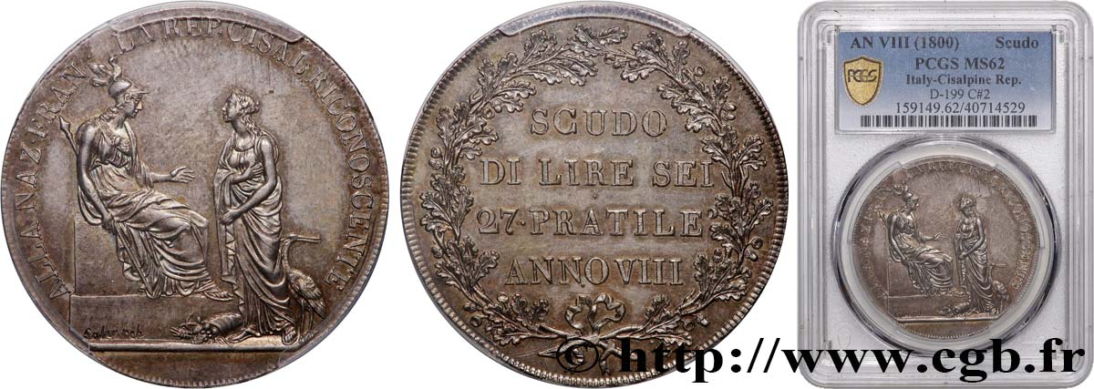 ITALY - CISALPINE REPUBLIC Scudo de 6 lires 1800 Milan MS62 PCGS