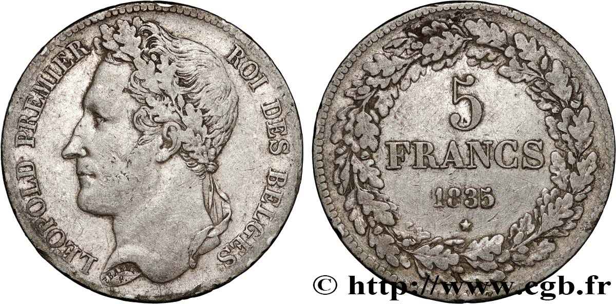 BELGIQUE 5 Francs Léopold Ier tête laurée 1835  TB+ 