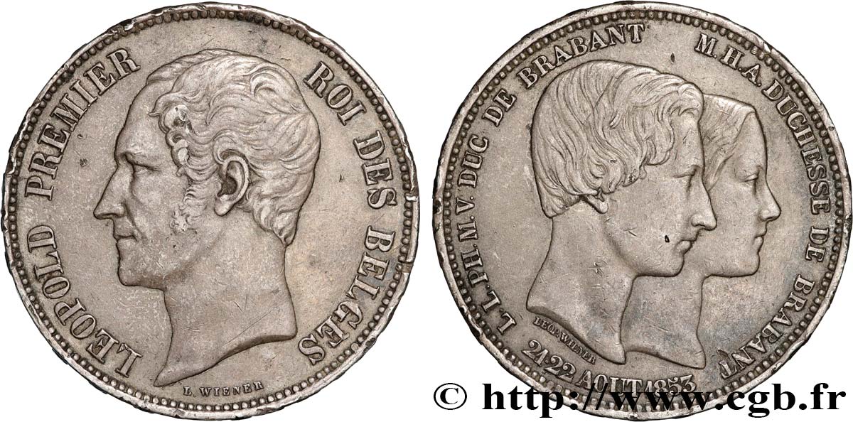 BELGIEN 5 Francs mariage du Duc et de la Duchesse de Brabant 1853  SS 