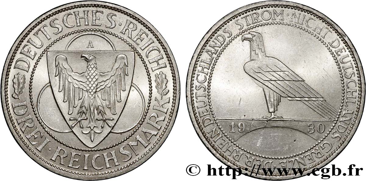 ALLEMAGNE 3 Reichsmark Libération de la Rhénanie 1930 Berlin SPL 