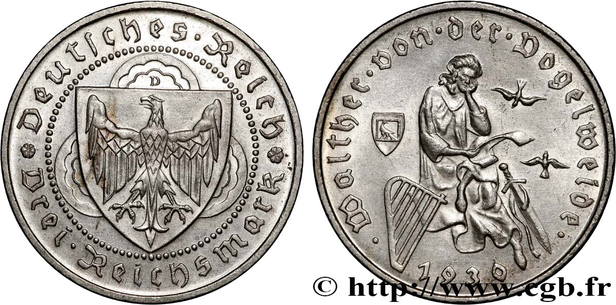 ALLEMAGNE 3 Reichsmark Walther von der Vogelweide 1930 Munich SUP 