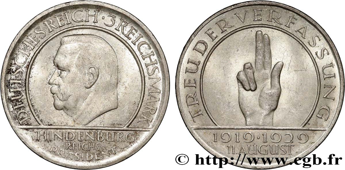 ALLEMAGNE 3 Reichsmark 10e anniversaire de la République  1929 Muldenhütten TTB+ 