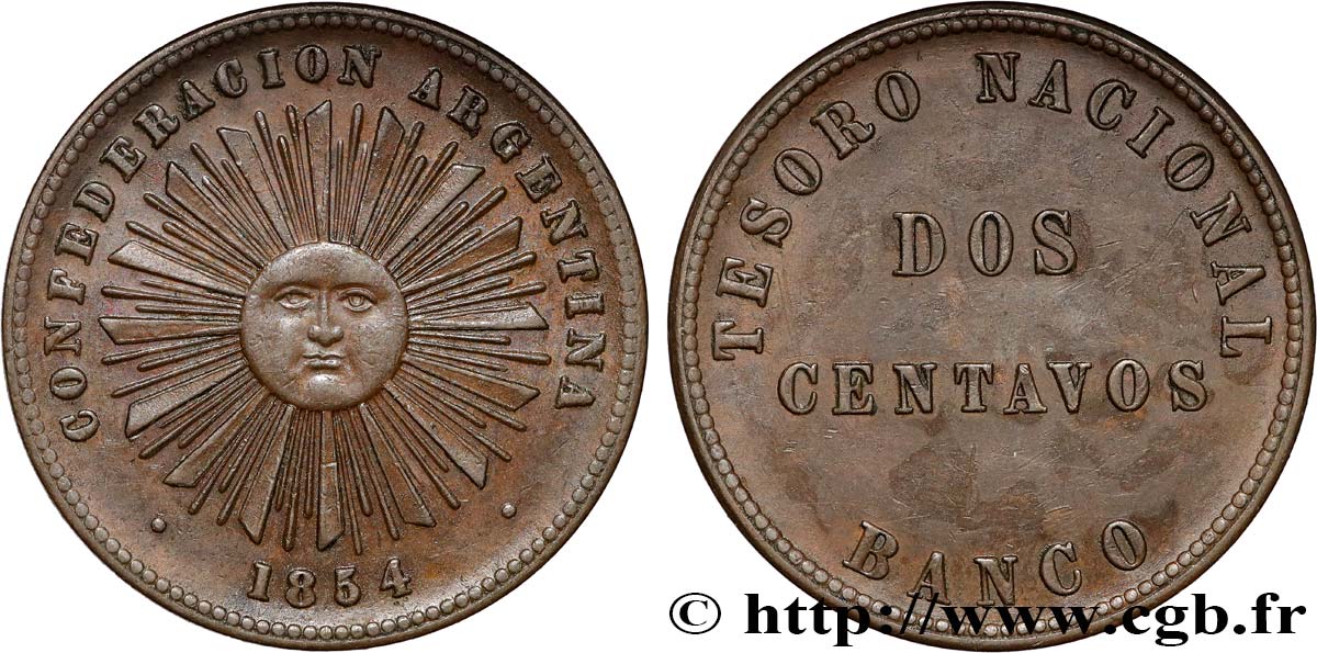 ARGENTINA 2 Centavos Confédération Argentine soleil 1854 Birmingham AU 