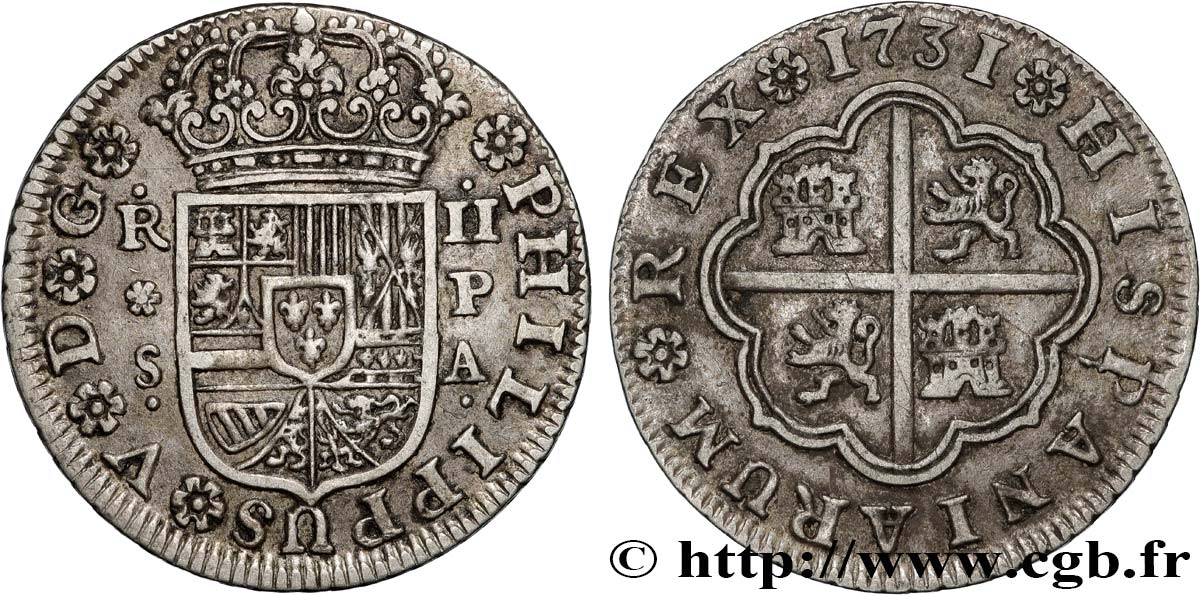 SPAIN - KINGDOM OF SPAIN - PHILIP V OF BOURBON 2 Reales  1731 Séville AU 