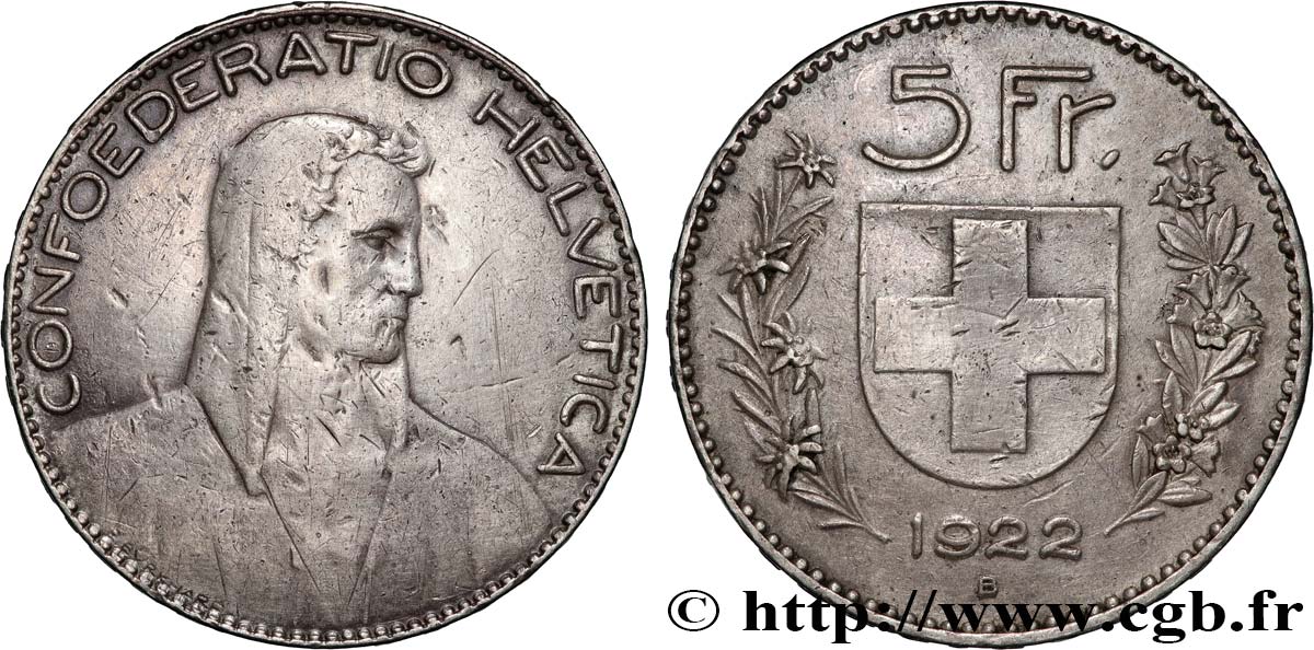SWITZERLAND 5 Francs Berger 1922 Berne VF 