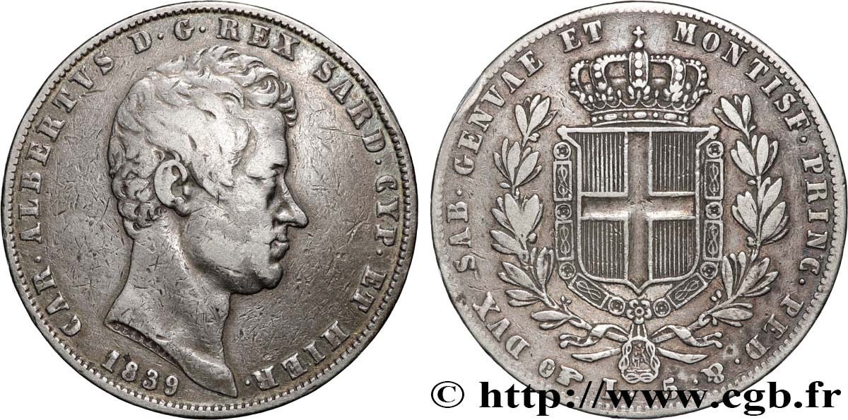 ITALIA - REINO DE CERDEÑA 5 Lire Charles Albert 1839 Turin BC+ 