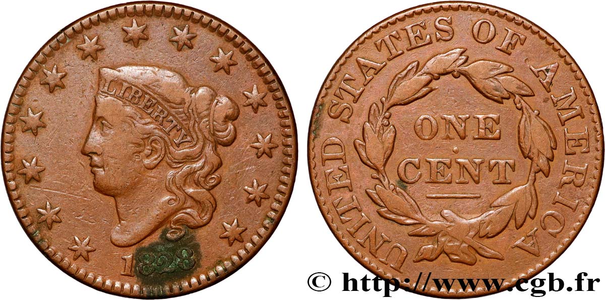 UNITED STATES OF AMERICA 1 Cent Liberté “Braided Hair” 1828  XF 