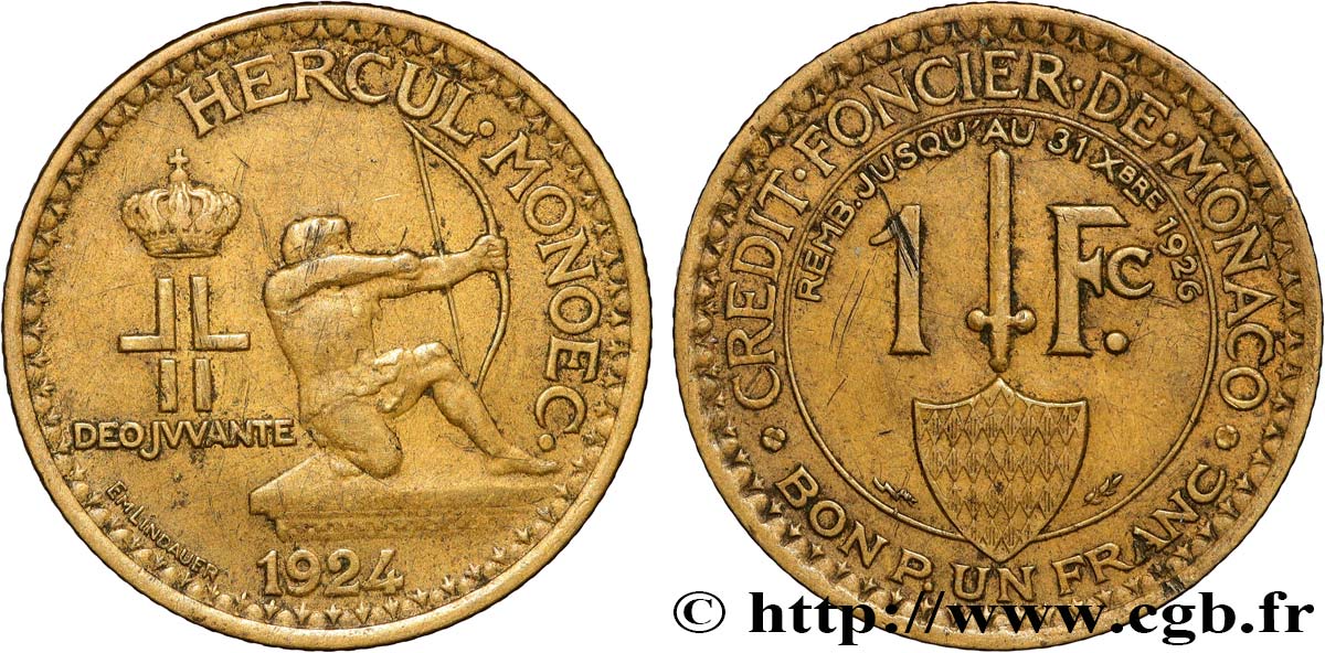 MONACO 1 Franc émission du Crédit Foncier de Monaco 1924 Poissy TTB 