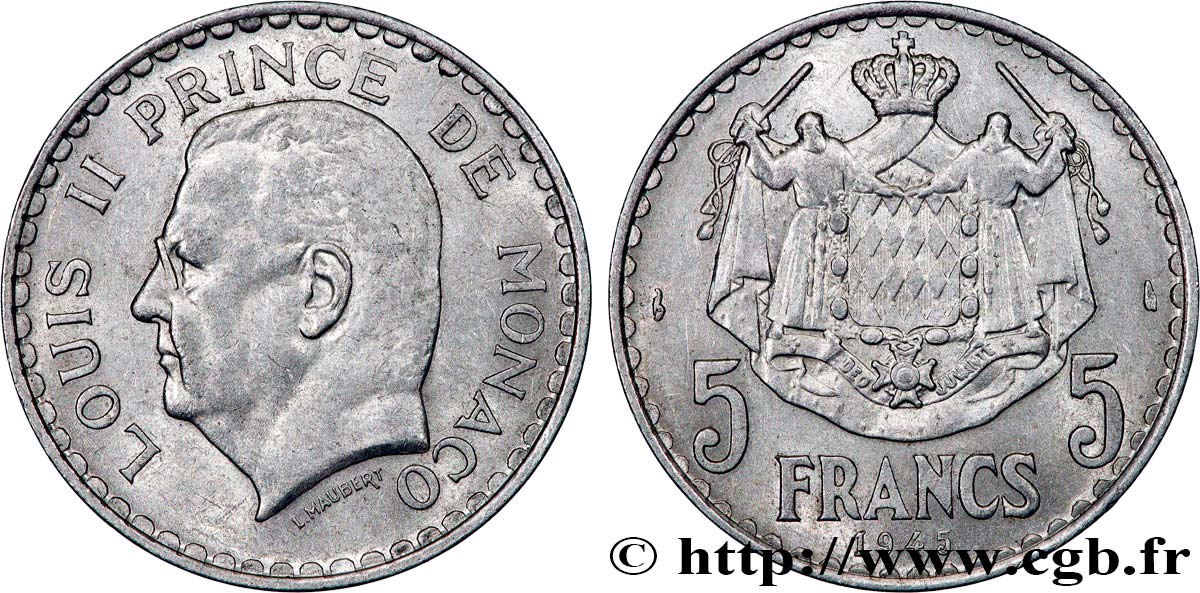 MONACO 5 Francs Louis II 1945 Paris AU 